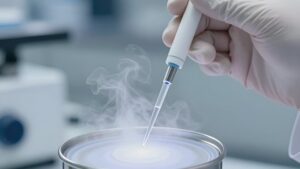 Лаборант в перчатках работает с криопробиркой, демонстрируя современные возможности криоконсервации ооцитов 2026 года